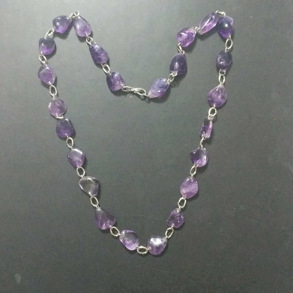 Silver Tone Purple Polished Amethyst Gemstone Chunk Statement Necklace